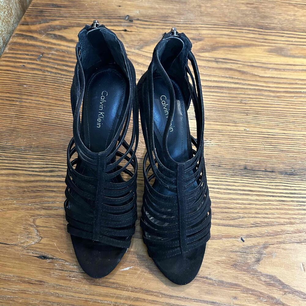 Calvin Klein Womens Black Suede Ankle Strap Zipper Back Pointed Toe Heels Size 6